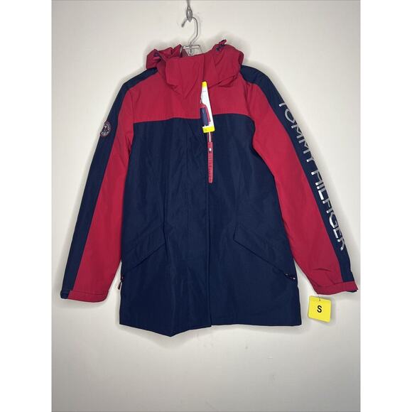 Tommy Hilfiger Women’s Jacket Size Small Red Navy Hooded Full Zip Spell Out New - Picture 1 of 8